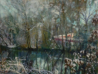 schilderij Isabella Werkhoven zwembad glijbaan sneeuw bomen