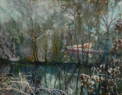 schilderij Isabella Werkhoven zwembad glijbaan sneeuw bomen