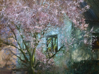 schilderij Isabella Werkhoven roze bloesem boom voor huis painting pink blossom tree in front of a house