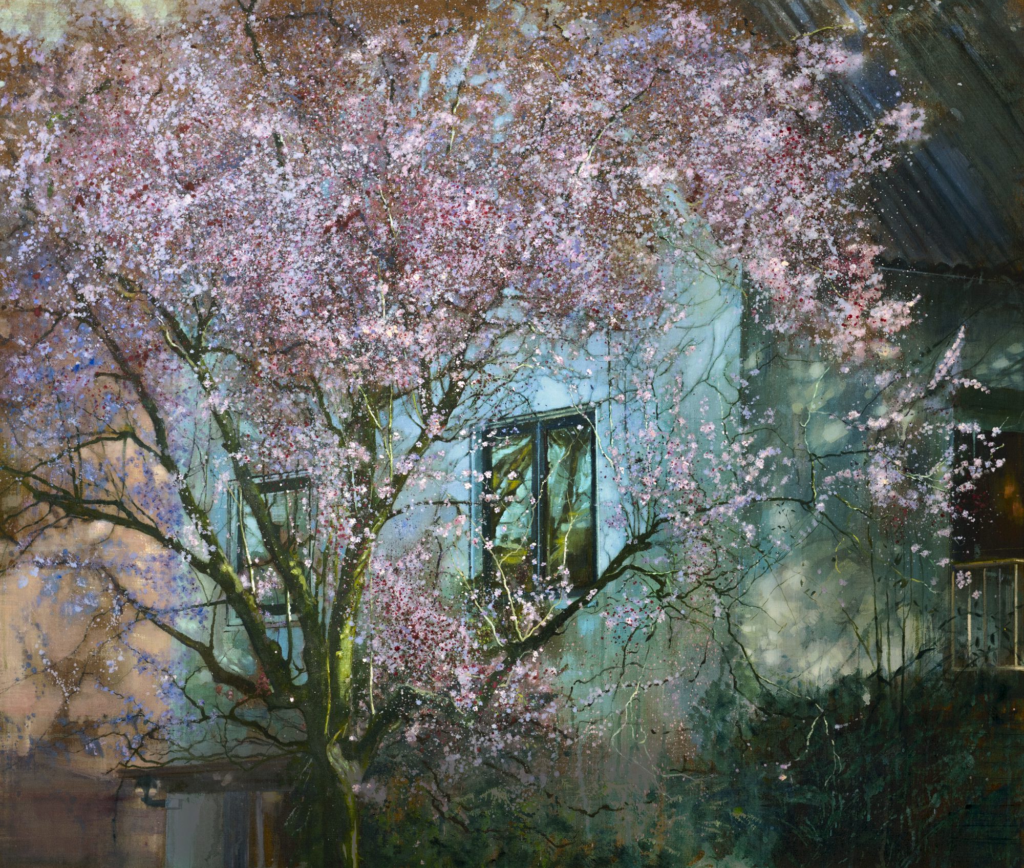 schilderij Isabella Werkhoven roze bloesem boom voor huis painting pink blossom tree in front of a house