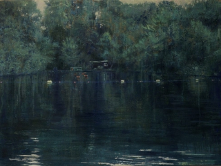 schilderij Isabella Werkhoven London Pond serie zwemvijver Dead calm donker stil water in bos