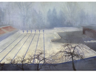 Schilderij isabella werkhoven leeg zwembad in de mist collectie Achmea