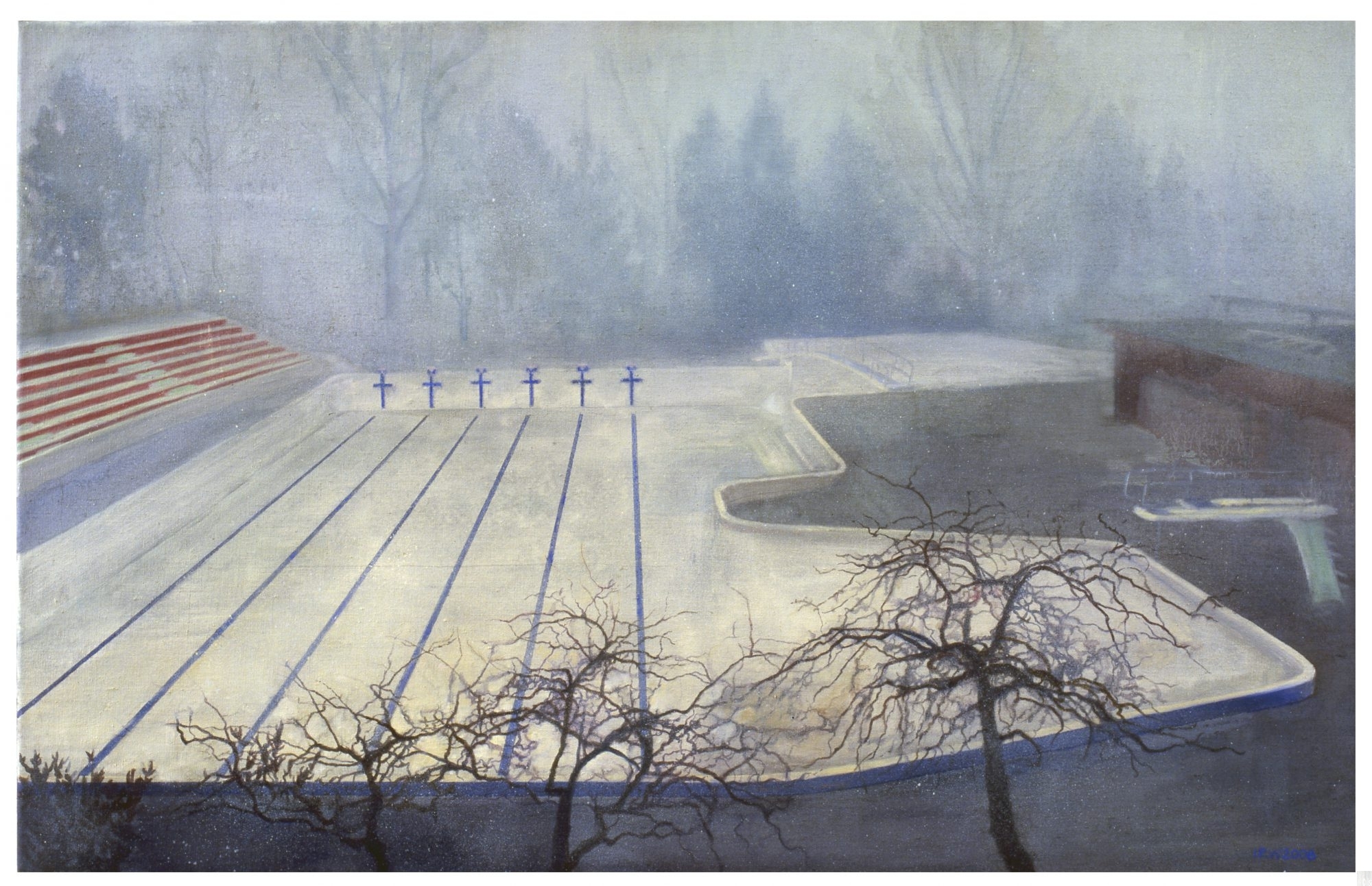 Schilderij isabella werkhoven leeg zwembad in de mist collectie Achmea