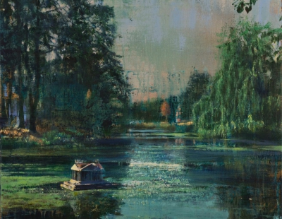 schilderij vijver Groningen eendenhuisje zomeravond painting city pond with duck house isabella werkhoven