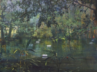 schilderij Isabella Werkhoven londen pond serie pond #2 bos zwemvijver reddingsboeien