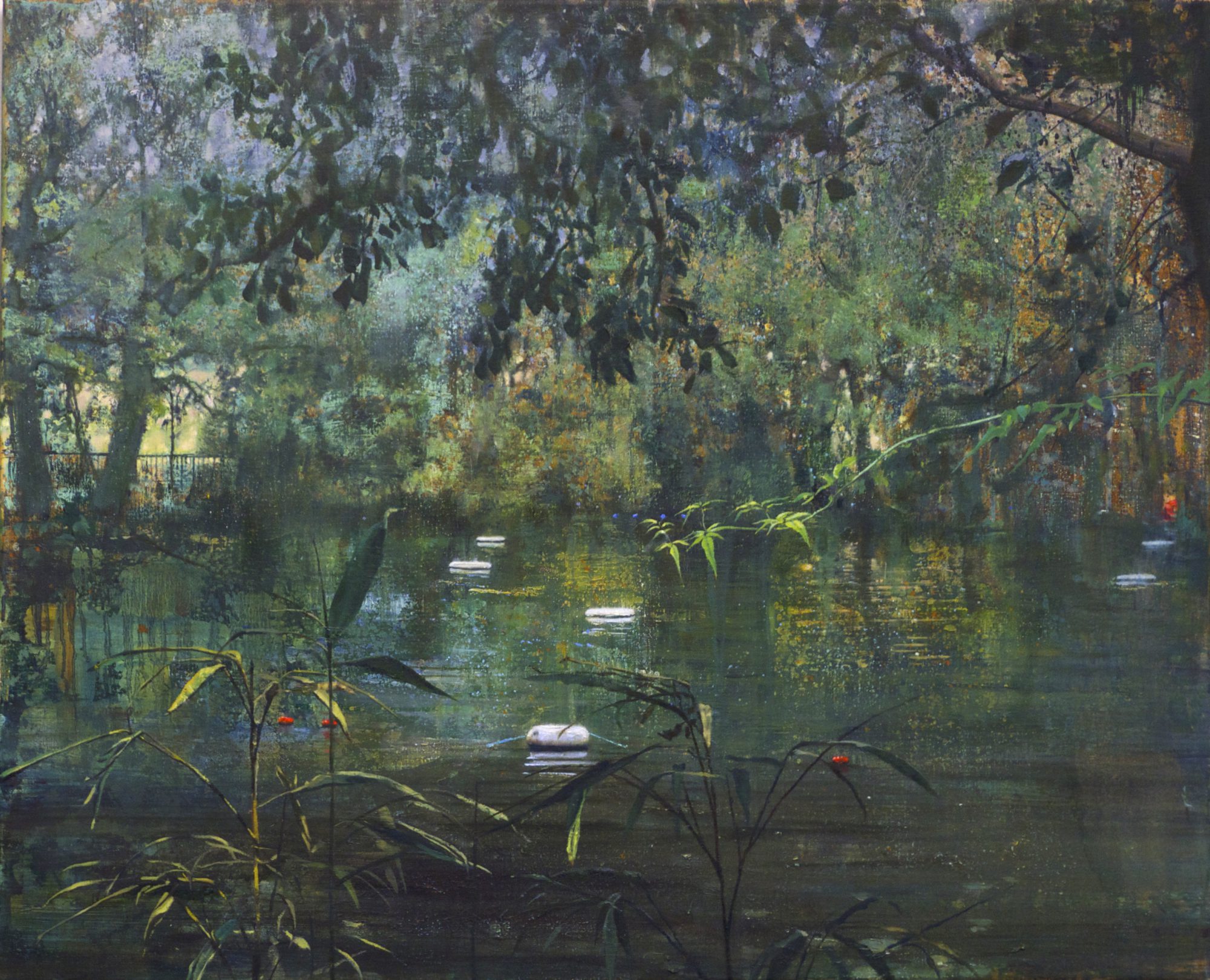 schilderij Isabella Werkhoven londen pond serie pond #2 bos zwemvijver reddingsboeien