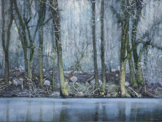 schilderij Isabella Werkhoven berenklauwen in winter bos sneeuw rijp ijs bevroren water