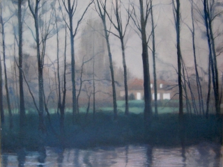 Schilderij Isabella Werkhoven huis door bomen en mist