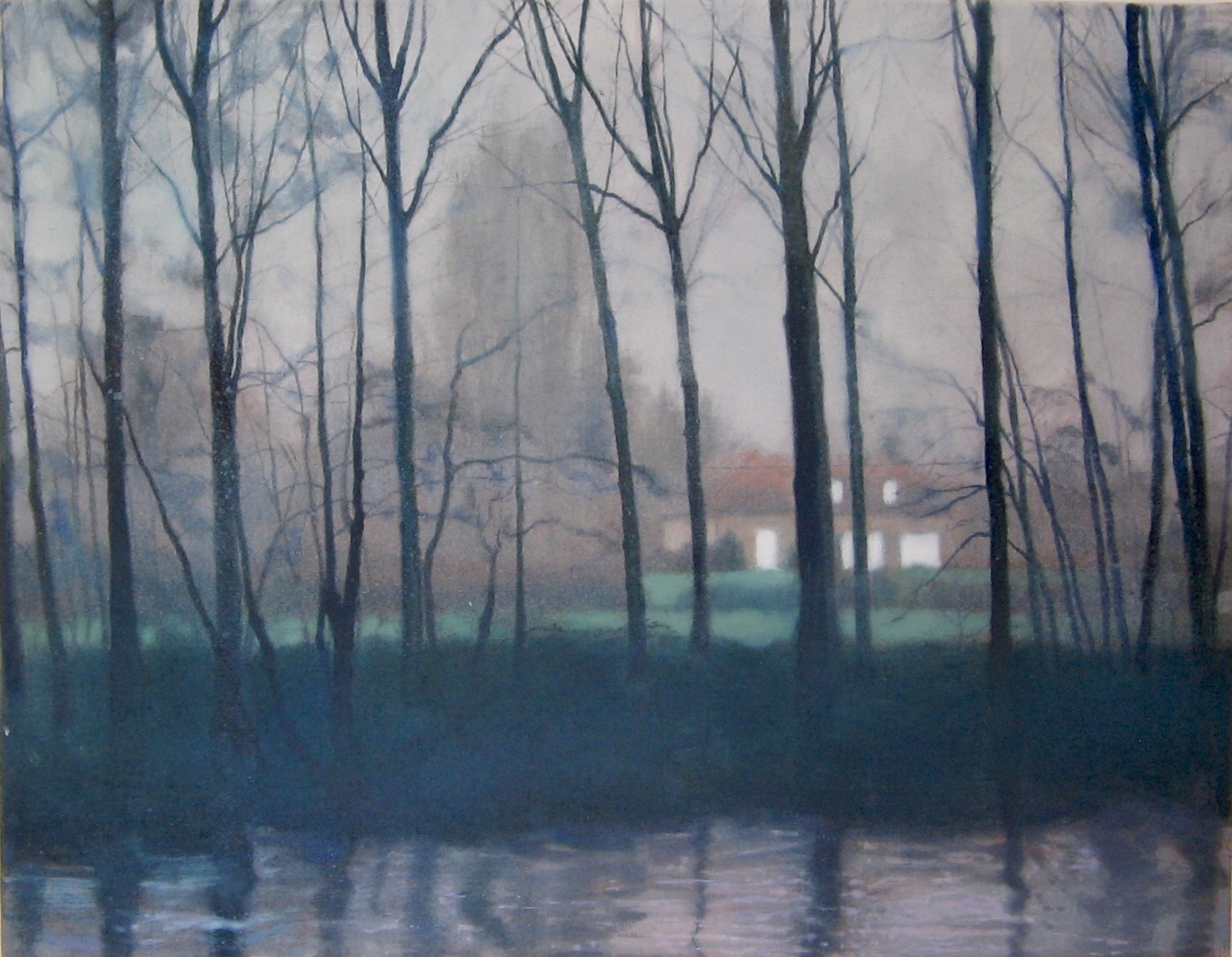 Schilderij Isabella Werkhoven huis door bomen en mist