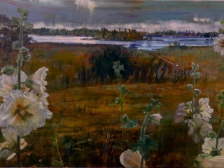 Schilderij Isabella Zweeds landschap met stokrozen