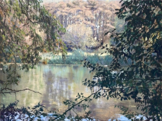 schilderij Isabella Werkhoven London Pond 1 zwemvijver in bos hek water herfst