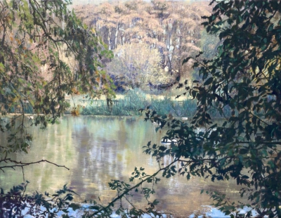 schilderij Isabella Werkhoven London Pond 1 zwemvijver in bos hek water herfst