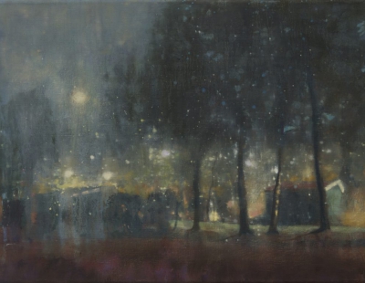 schilderij Isabella Werkhoven park bij avond en maan nocturne NRC