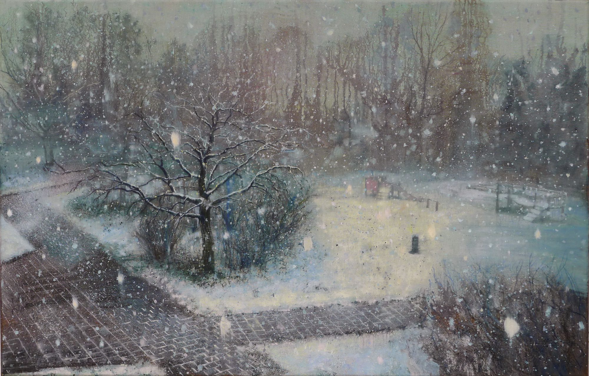 Schilderij Isabella Werkhoven speelveldje in de sneeuw