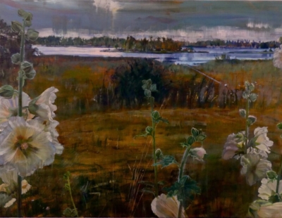 Schilderij Isabella Zweeds landschap met stokrozen