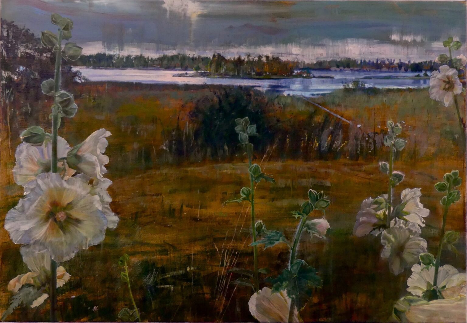 isabella schilderij grote stokrozen landschap