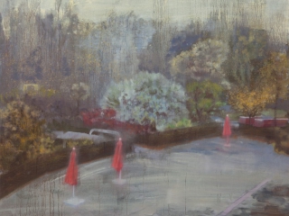 Schilderij Isabella Werkhoven te koop parasollen zwembad papiermolen in herfst