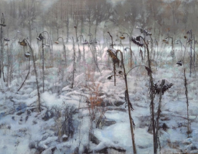 Schilderij Isabella Werkhoven zonnebloemen in de sneeuw