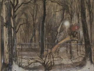 tekening in pastel en houtskool op karton speeltuin bij avond in de sneeuw Isabella Werkhoven