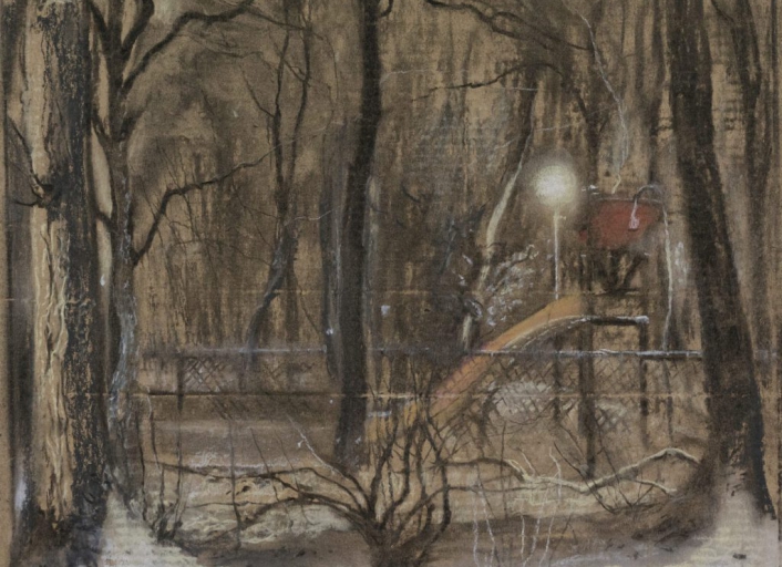 tekening in pastel en houtskool op karton speeltuin bij avond in de sneeuw Isabella Werkhoven